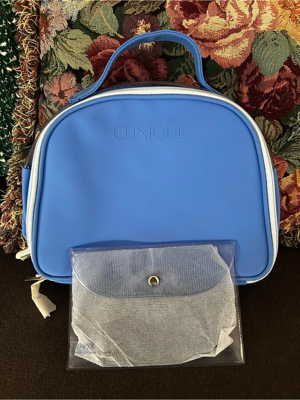 Clinique 2 Zip Organizer Cosmetic Travel Case with Top Handle Blue